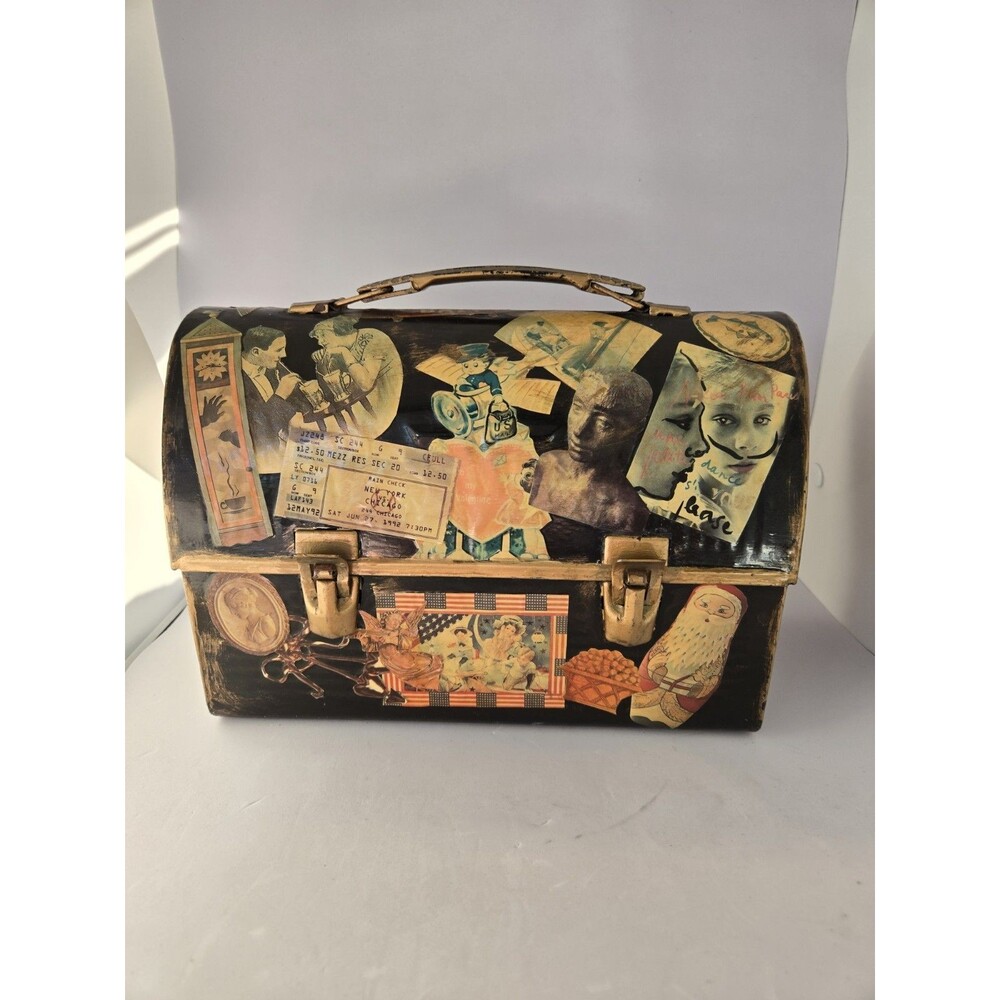 Vtg 1960's Metal Thermos Dome Lunch Box Decoupage McCarthy Presidential Ephemera